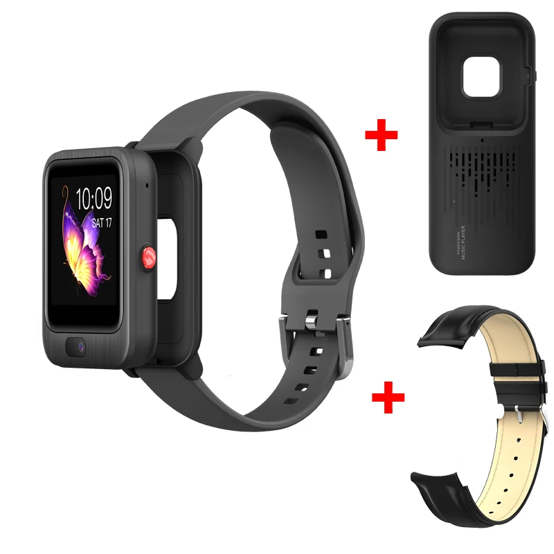 black add leather Умные часы LEM11 4G с поддержкой музыки, Android 7,1, 3 ГБ, 32 ГБ, с sim-картой, 1200 мА/ч, Дополнительный внешний аккумулятор, беспроводной Bluetooth динамик, сменный ремешок - Цвет: black add leather