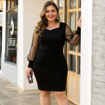 

Plus Size Sexy Black Cocktail Dresses V-Neck Full Sleeve Tulle Above Knee Mermaid Short Formal Party Gowns Vestidos De Coctel