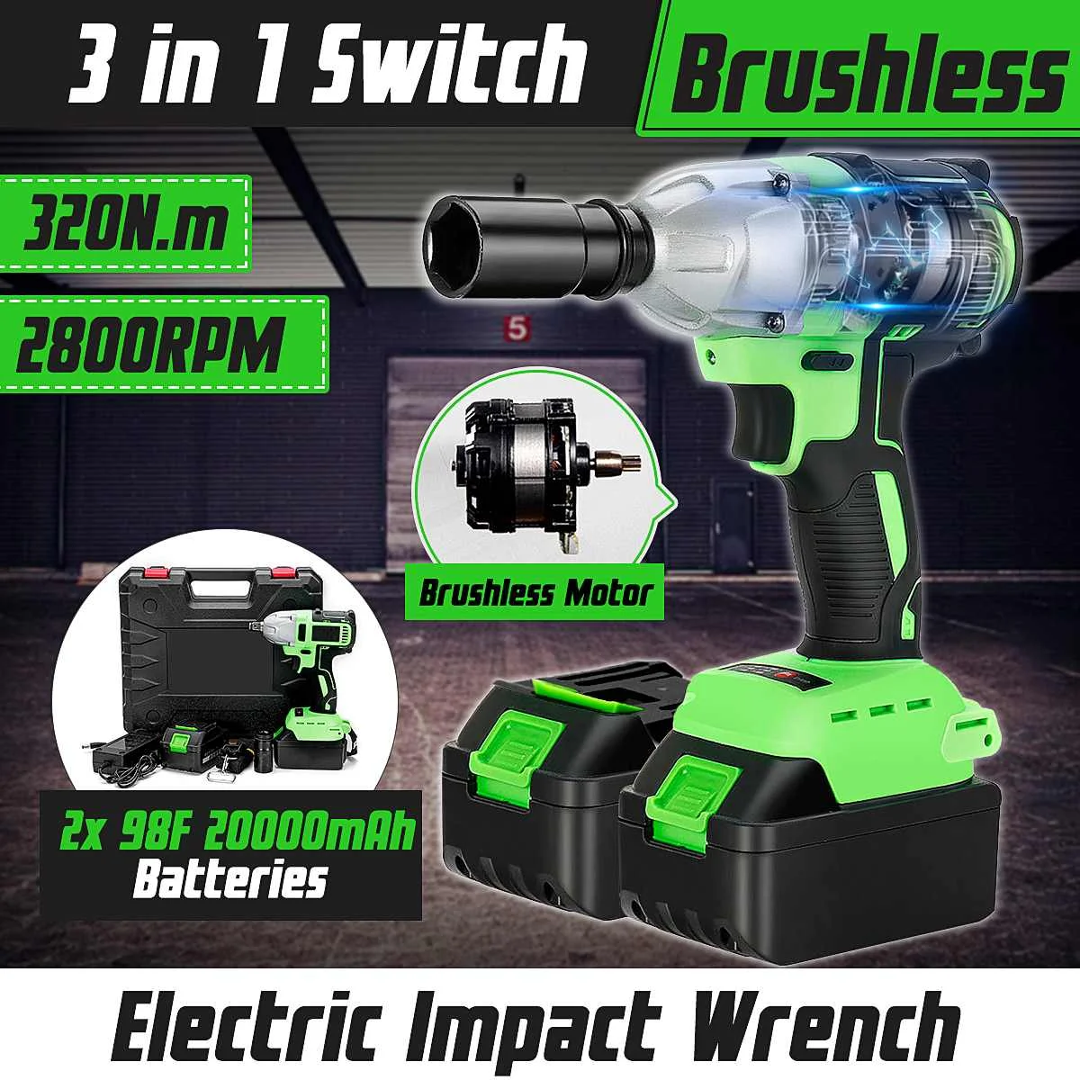 

98VF 20000mAh Li-ion Professional Brushless Motor Cordless Impact Wrench 320N.M Torque Power Tools Household Car Repair Tool
