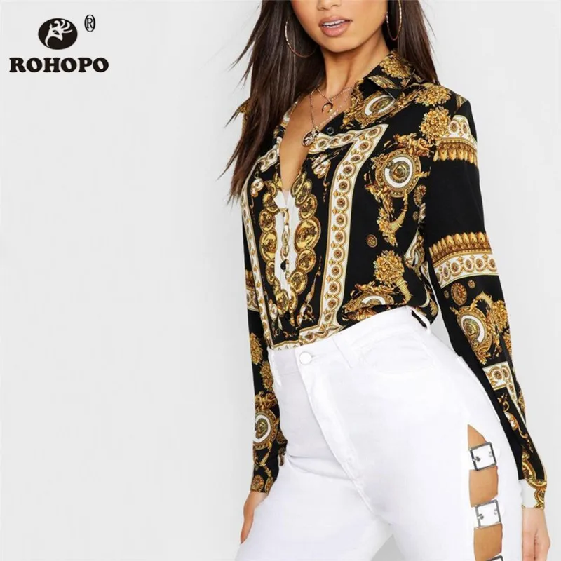 

ROHOPO Long Sleeve Vintage Medieval Printed Blouse White Black High Low Round Hem Retro Straight Tops Shirt #8609
