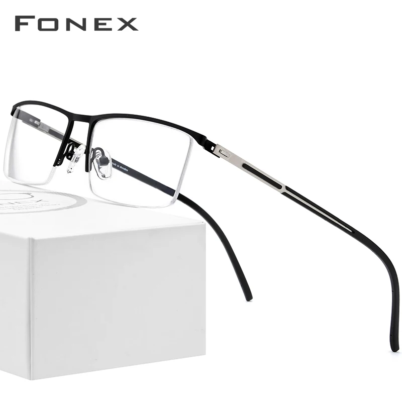 

FONEX Alloy Prescription Glasses Ultralight Half Rim Square Myopia Eyeglasses Frame Men 2019 New Optical Screwless Eyewear 9857