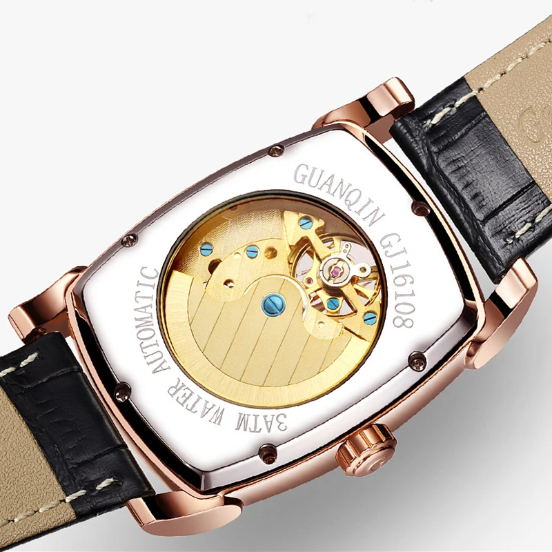 GUANQIN Tourbillon часы Автоматические Брендовые мужские механические роскошные часы Скелет прямоугольник кожа золото мужские часы
