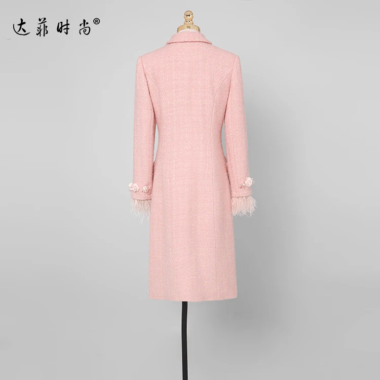 Elegant Feathers Double-breasted Winter Coat Women Runway Designer Thick Warm Pink Wool Coat Jacket High Quality Outwear