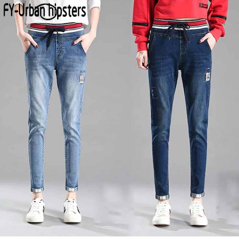 

women's jeans 2019 Lace up elastic waist jeans woman Elastic plus size high waist denim pencil jeans stretch cuff pants Selling