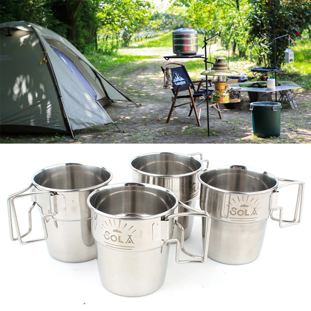 

4PCS/Set Portable Camping Cup Drinkware Hiking Barbecue Stainless Steel Picnic Beer Outdoor Travel Multifunction Foldable Handle
