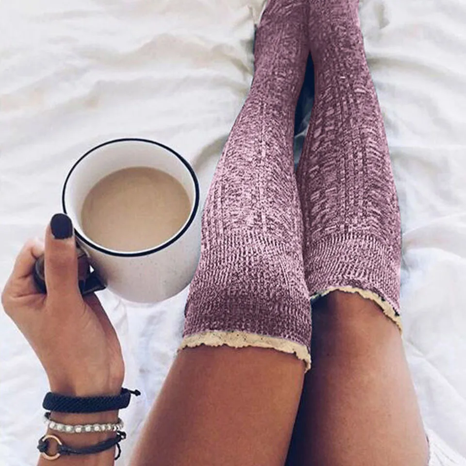 Ladies Knee High Lace Socks Women Over Knee Socks Thigh High Thick Lovely Girl Knitting Long Stockings Fashion