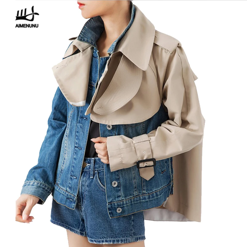 

AIMENUNU Denim Patchwork Hit Color Womens Jacket Lapel Collar Long Sleeve Asymmetrical Autumn Female Jackes 2019 Fashion New