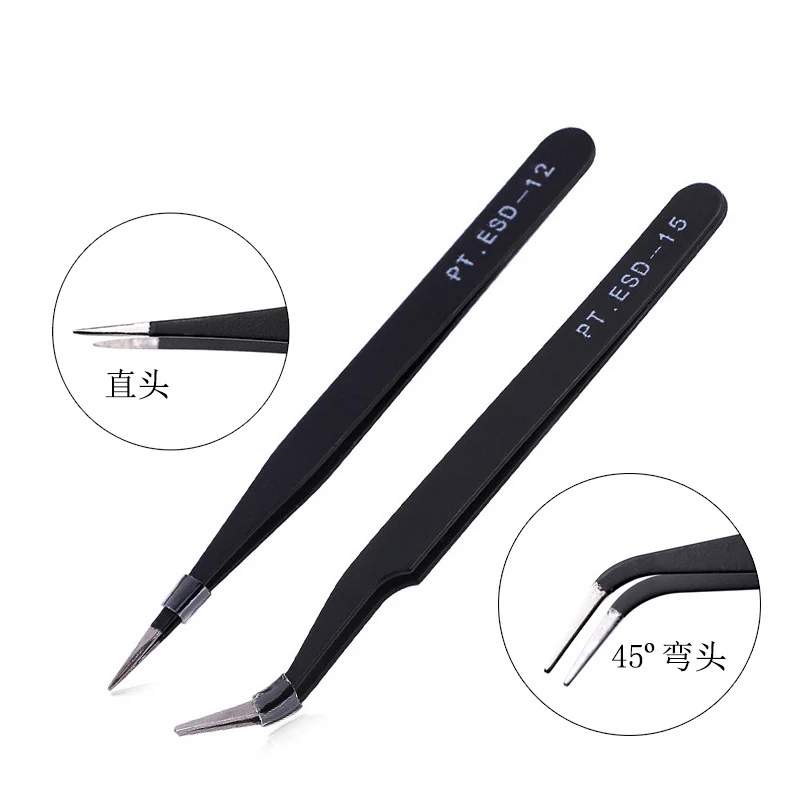 1PCS ESD Anti-static Tweezers Stainless Steel Maintenance Tools Industrial Precision Curved Straight Tweezers Repair Tools