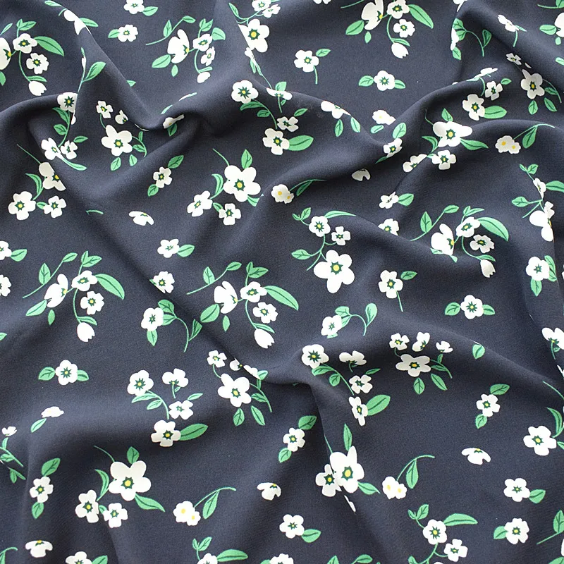 

Washed velvet chiffon fabric spring and summer printed fabric navy blue bottom small broken white flower opaque