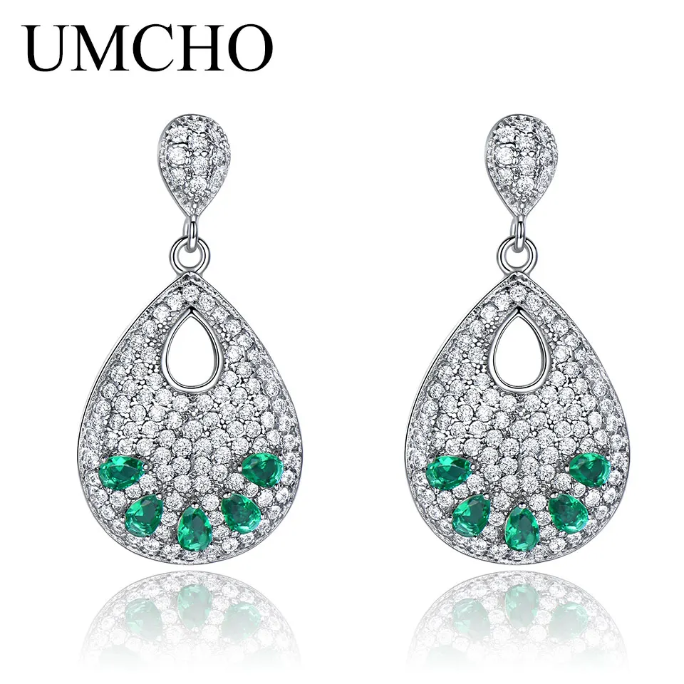Emerald UMCHO серьги с сапфиром в виде капли воды, настоящее 925 пробы, серебряные серьги с драгоценным камнем для женщин, свадебный подарок, хорошее ювелирное изделие - Цвет камня: Emerald