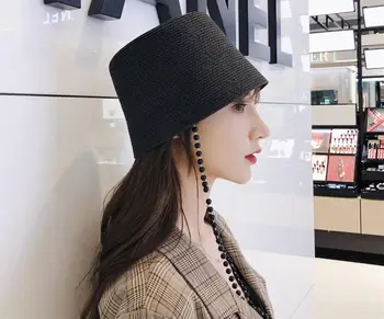 

202002-axi new white pearl chain straw lady bucket cap women leisure hat