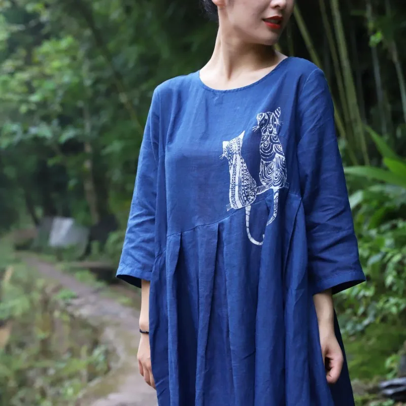 Vintage New Women Top Quality Cotton Linen Maxi Long Dress Ankle Length Handmade Plant Dyeing Kawaii Cat Printed Loose Fit Dress