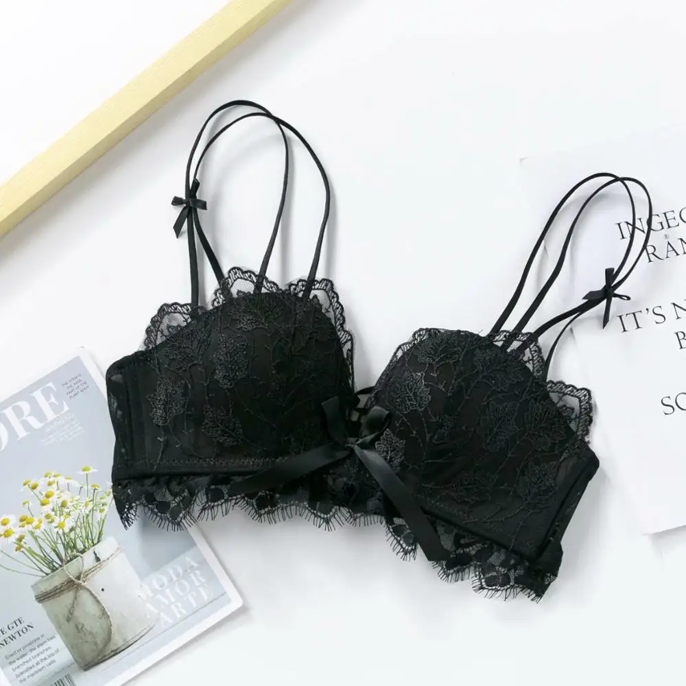 black bra Плотное Нижнее белье Мягкий кружевной сексуальный бюстгальтер и трусики для молодых девушек, комплект с бюстгальтером пуш-ап с чашечками 3/4, 4 цвета - Цвет: black bra