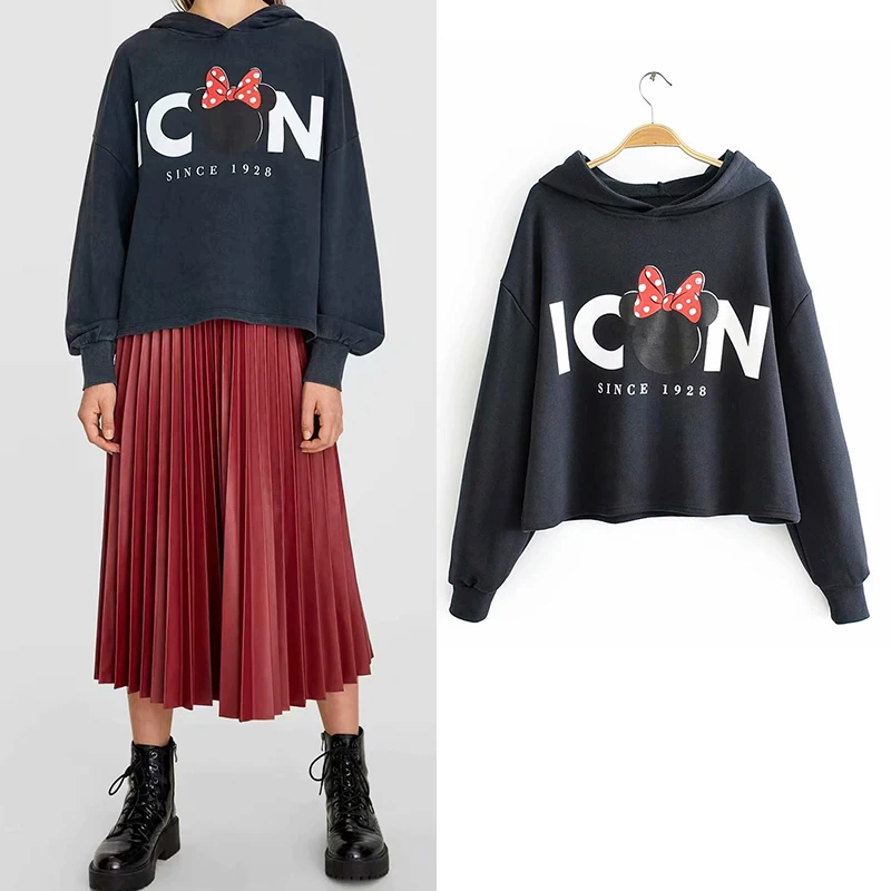

2019 Za Sweatershirt women casual cartoon print hoodies high quality chic black warm long sleeve O-neck women's hoddies