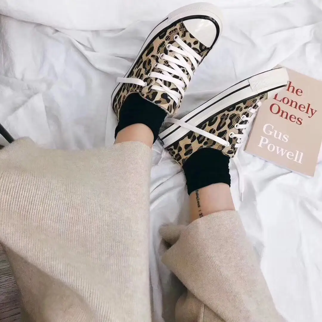 

[Special Offer Shoes] 2019 New Style Autumn And Winter plus Velvet Women's Low Top Leopord Pattern Canvas Shoes, Low Top Leopord