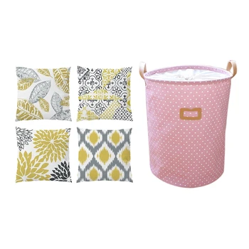 

5Pcs Accessories: 4Pcs Cushion Cover Throw Pillow Case 45X45cm & 1Pcs Waterproof Laundry Hamper Bag Home Clothes Barrel