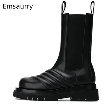 

Punk Genuine Leather Boots Women Round Toe Chunky Low Heel Botas Unique Ripple Pattern Bottes Slim Mid-Calf 2020 New Boots Woman