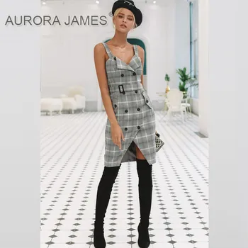 

Women's Spaghetti Strap Lace Up Back Casual Short Mini Gingham Dress