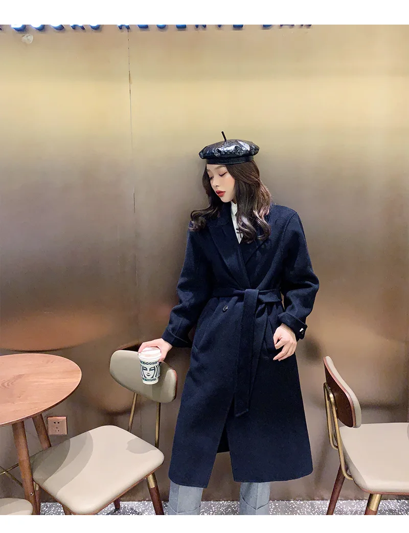 Winter New Korean Women Pure Wool Coat X-Long Handmade Double-Sided Wool Coat with Belt for Women 3 Colors