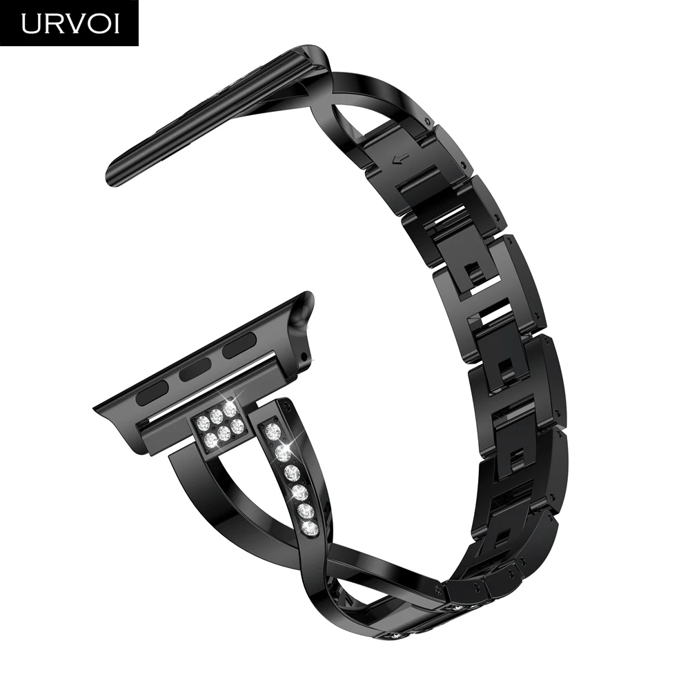 Black URVOI link браслет для apple watch 4 3 ремешок для iwatch из нержавеющей стали 40 мм 44 мм страз модный дизайн для девочек цепь - Цвет ремешка: Black