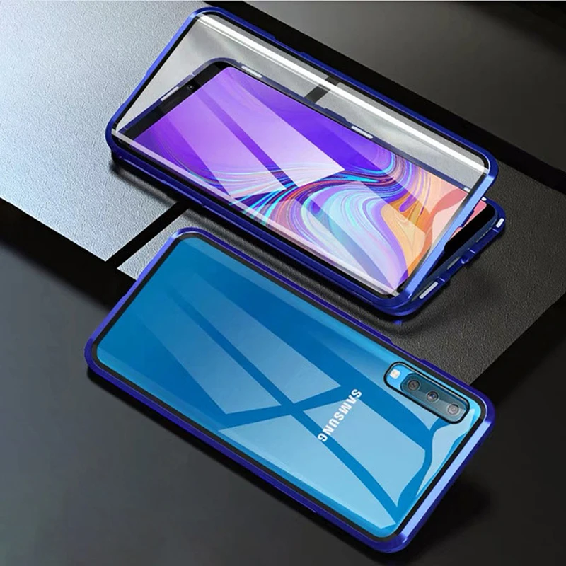Двухсторонний металлический магнитный чехол для samsung S10 S9 S8 Plus Note 10 Pro 9 8 A80 70 60 50 40 30 10 A9 7 A8+ M30 20x10 - Цвет: Blue with SM