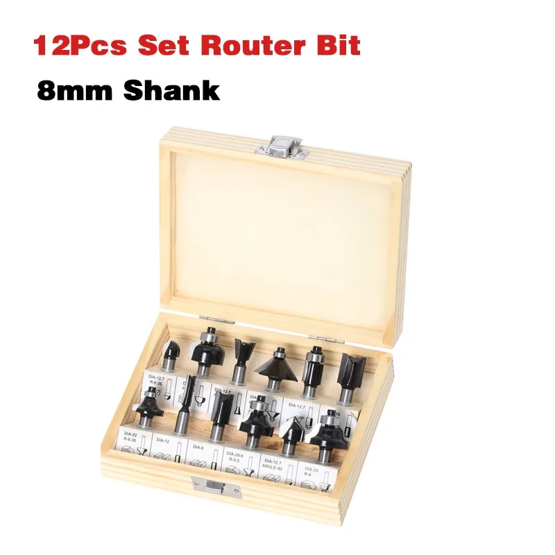 

12Pcs Milling Cutters Set 8mm Shank Carbide CNC Router Bit Wood Cutter Engraving Trimming Cutting Slotted For Woodworking Tools