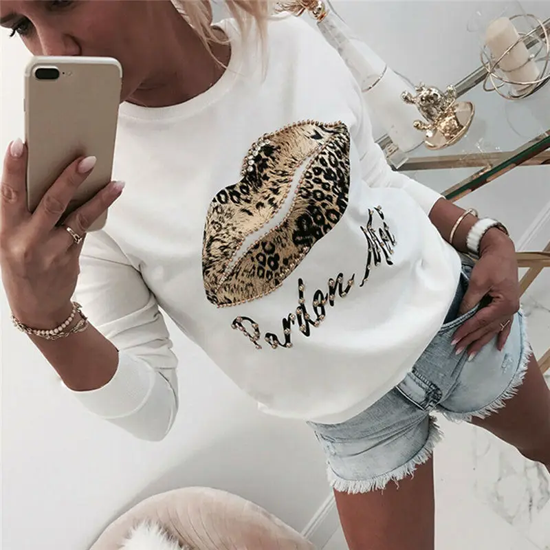 Discount  2020 Autumn Pearl Beading Letter Print Women Sweatshirts Pullovers Sexy Leopard Big Lips Long Sleev