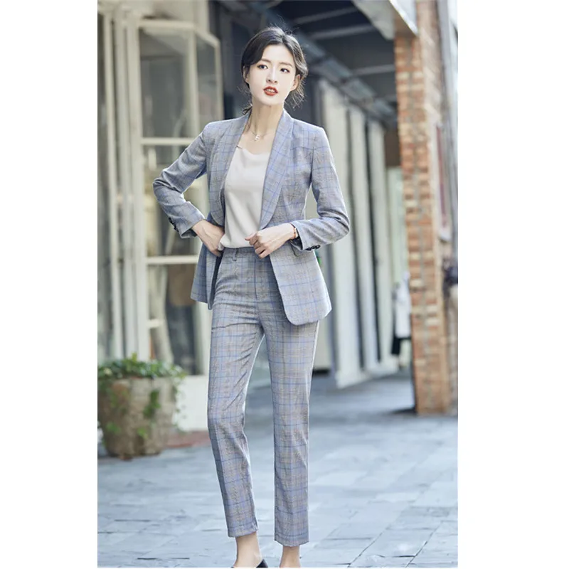 2.1       2、99、拉链、双排扣、Spring and Autumn New Women's Suit Fashion Slim Plaid Double Breasted Blazer Pants Set Lady Suit Two Piece (Jacket + Pants)