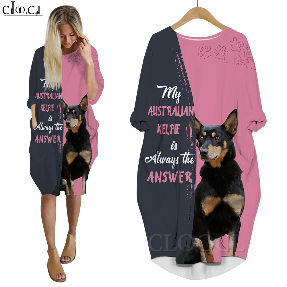 

CLOOCL Women Dress My Australian Kelpie Is Always The Answer 3D Loose Daughter Dresses Long Sleeve Casual Street Pocket Dress