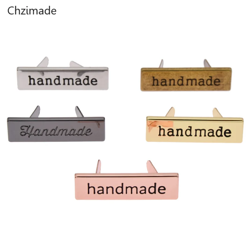 

Chzimade 10Pcs/lot Handmade Metal Labels Tags For Clothes Jeans Shoes Bags Rectangle Hand Made Printed Labels Diy Sewing Crafts