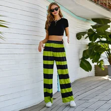 

Loose Striped Wide Leg Pants Casual Mid-waist Green Trousers New Cartoon Animal Print Elastic Straight High Street Sumemr Pants