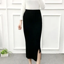 Осенне-зимняя женская облегающая юбка, Женская растягивающаяся юбка с разрезом, Облегающие юбки-карандаш до середины икры, женская вязаная юбка