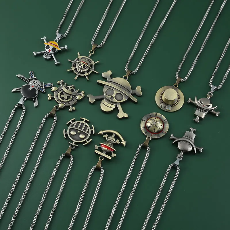 Anime One Piece Metal Necklace Luffy Ace Pirate Skull Hat Pendant Chain