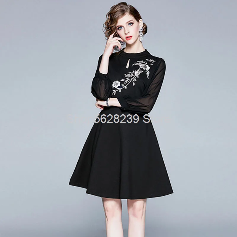 

He Ben Wind Black Embroidery A Word Skirt Umbrella Pendulum 2020 Pack Long Sleeve Short Waist Dress