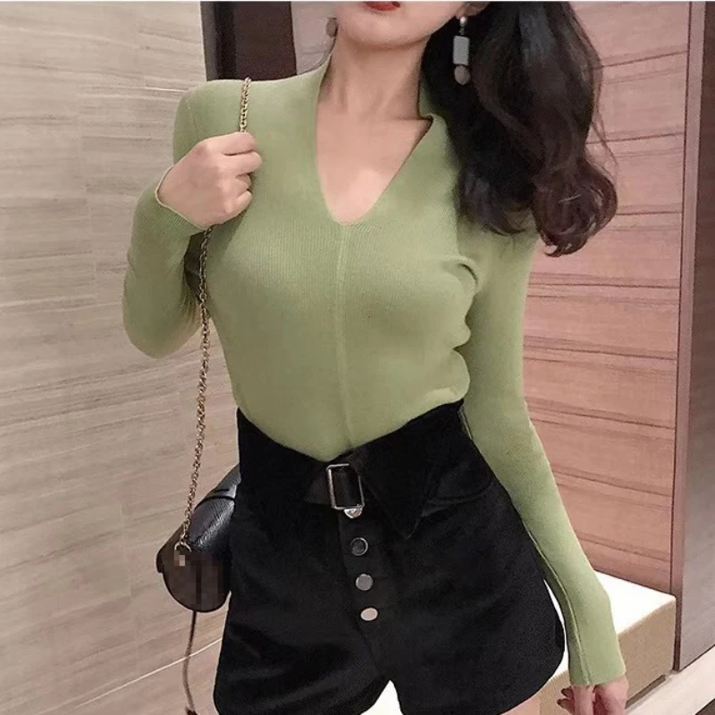 

Autumn New Women Knit Sweater Simple V-neck Long-sleeved Women's Thin Sweater Fashion Slim Solid Color Knit Pullover Female