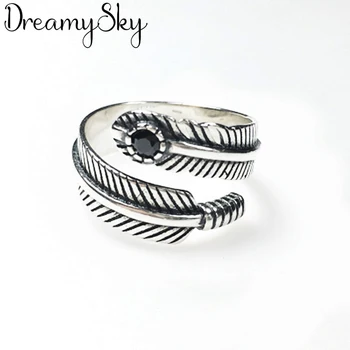 

DreamySky Ethnic 925 Sterling Silver Crystal Feather Rings for Women Bridal Wedding Vintage Open Finger Rings Christmas Gifts