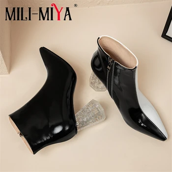 

MILI-MIYA Fashion Mixed Color Women Cow Leather Ankle Boots Crystal Heels Pointed Toe Zipper Spring/Autumn Shoes Size 34-40