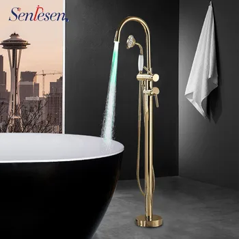 

Senlesen Golden Bathtub Floor Standing Led Spout Faucet Mixer Double Handle Bath Shower Faucet Mixer Tap Tub Shower