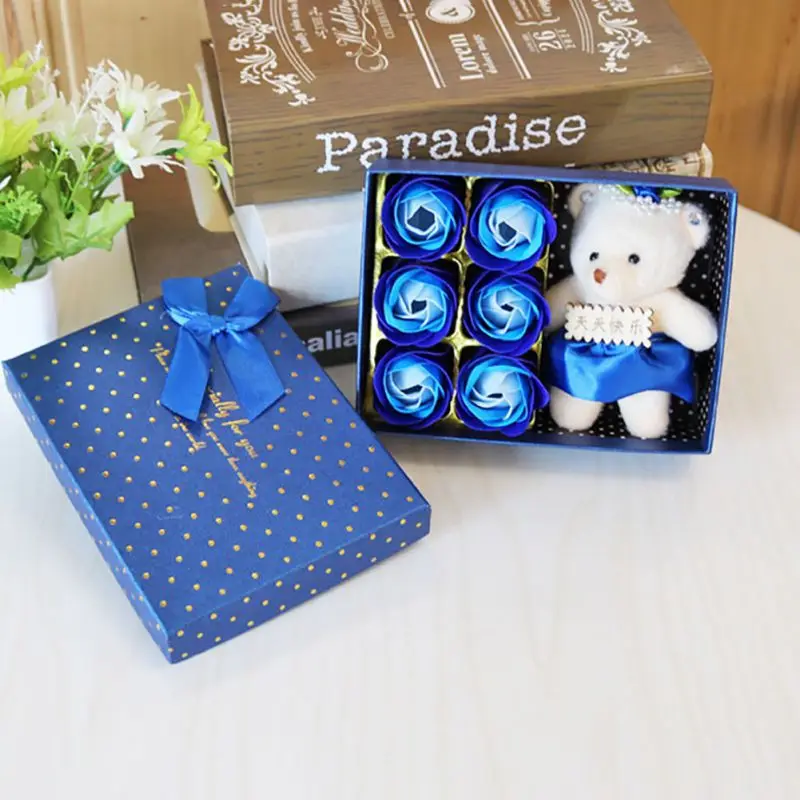 

6Pcs Sweety Valentine's Day Scented Rose Flower Petal Gift Box With Bear for Girlfriend Bath Body Soap Gift Wedding Party Favor