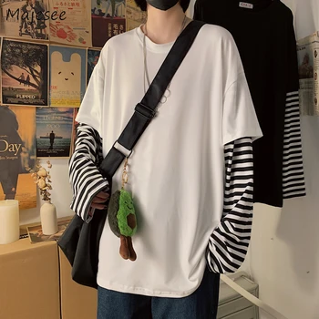 

Men Long Sleeve T-shirts Fake Two Pieces Chic Striped All-match Harajuku Korean Style Mens Trendy Ulzzang Leisure Streetwear New