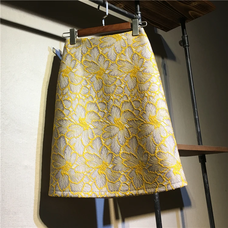 yellow Новые осенние элегантные женские кружевные юбки с цветочной вышивкой, юбки-карандаш с высокой талией для женщин - Цвет: yellow