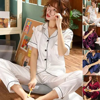 

Women's Summer Short Sleeve Silk Pajama Sets Sleepwear Suits Pajamas Plus Size