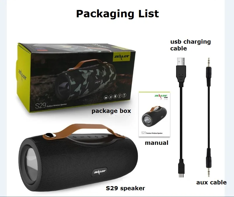 Bluetooth Колонка ZEALOT S29 fm радио портативный динамик сабвуфер фонарик внешний