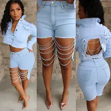 Женский Плюс Размер укороченный топ и джинсовые шорты комплекты из двух предметов Сексуальная цепочка на ремешке из джинсовой ткани с дырками