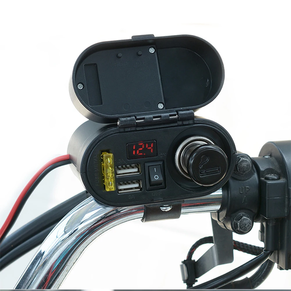 

12V 24V Motorcycle Cigarette Lighter Socket with Digital Voltmeter Display Waterproof Dual USB Charger Mobile Phone Charger