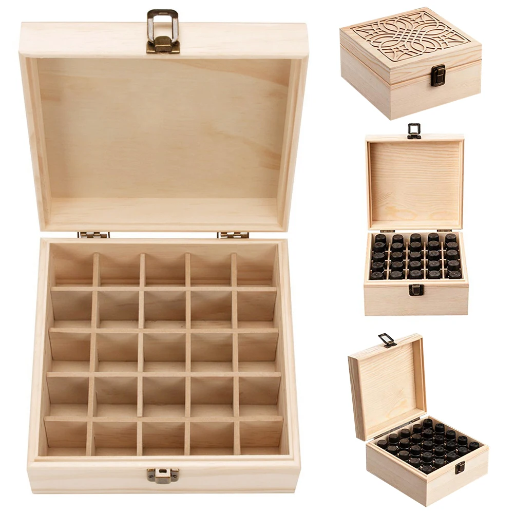

25 Slot Essential Oil Bottle Wooden Storage Box Case Wood Aromatherapy Organizer