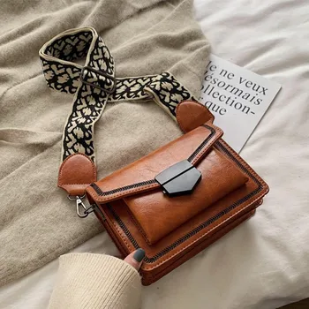 

Vintage Solid PU Leather Women Messenger Crossbody Bags 2020 Fashion Luxury Design Wide Strap Ladies Shoulder Bags Female Purses