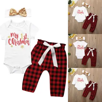 

CANIS Autumn New My First Christmas Baby Boy Girl Short/Long Sleeve Letter Printed Bodysuit+ Pants Clothes Outfit 0-18M