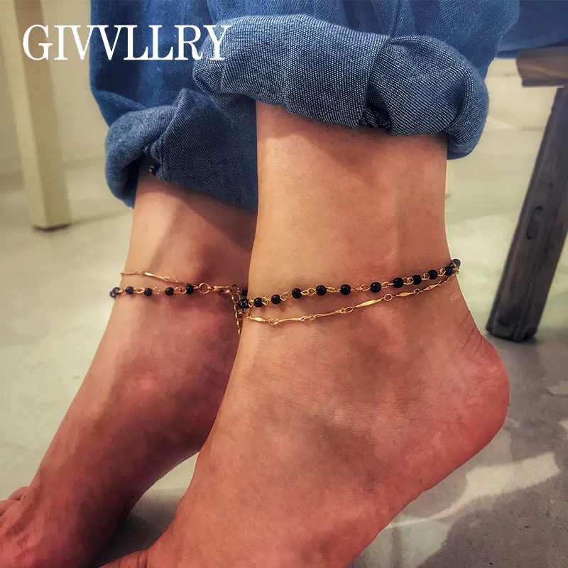 Минималистский ручной работы цепи браслеты для Для женщин на ножку, ювелирные изделия Винтаж элегантные 2 многослойное черная бисерная цепь цвета: золотистый, серебристый ботильоны Браслеты