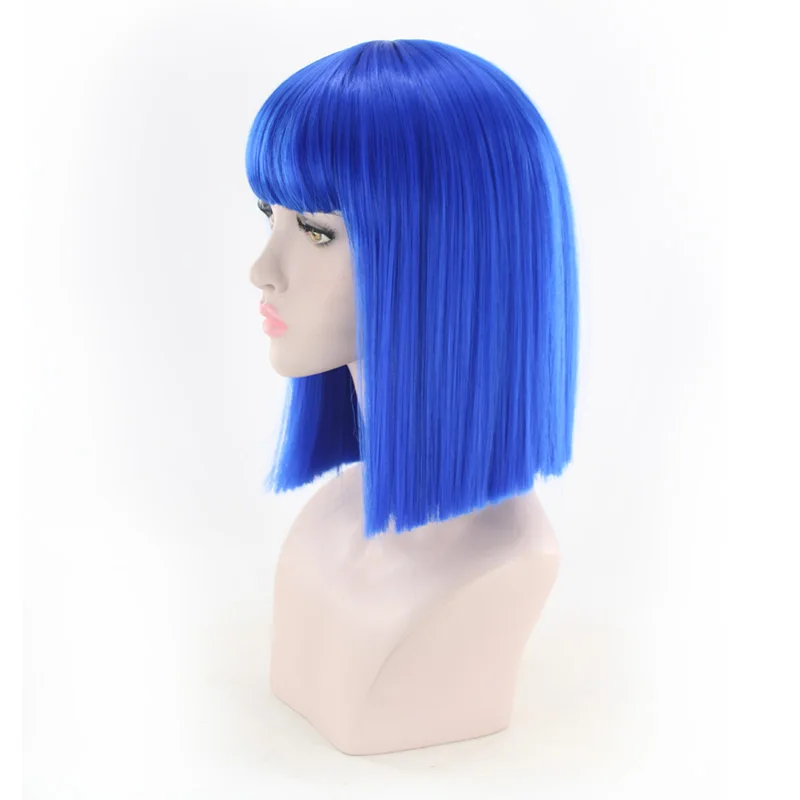 WoodFestival Short Straight Bob Synthetic Hair Wig With Bangs Cosplay Wigs For Women Pink Red Brown Blue Green White Purple Grey